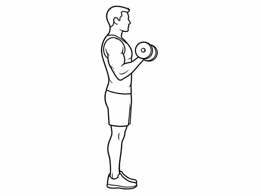 Silhouette masculine au trait debout, curl avec un haltère