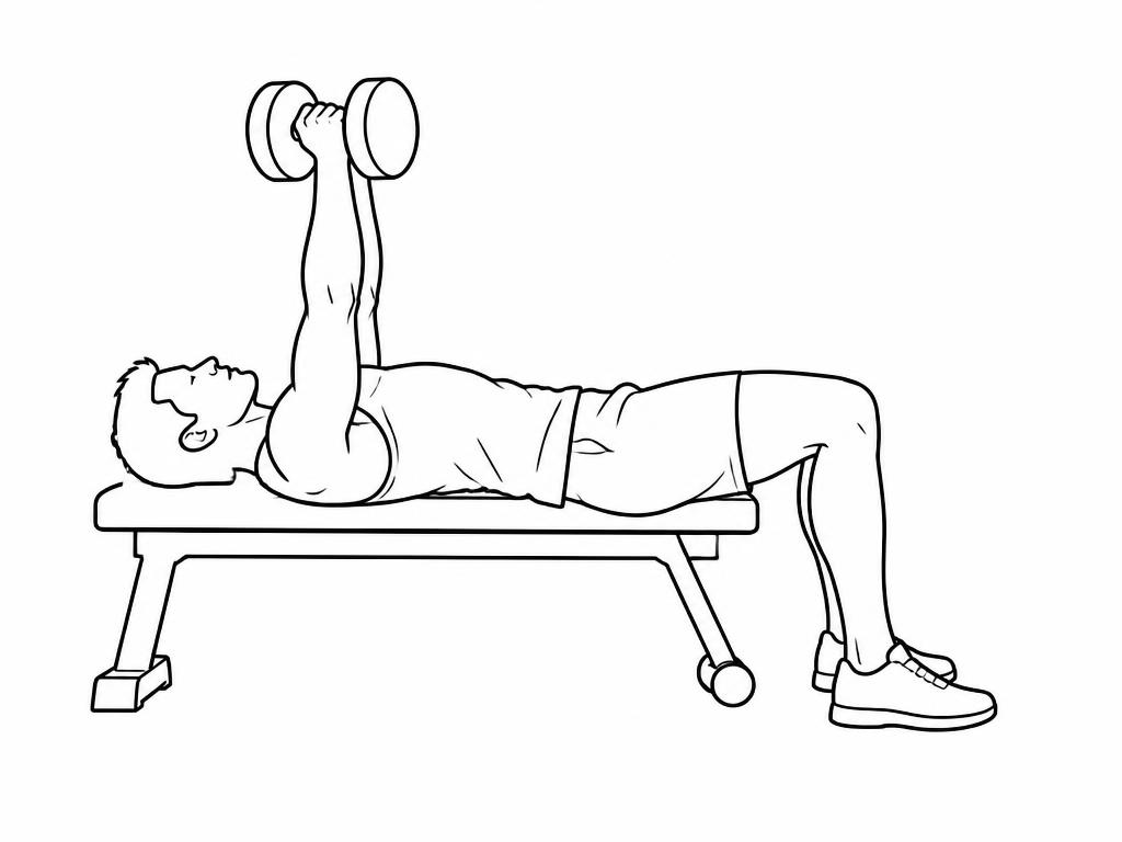 Silhouette masculine au trait allongée sur un banc, poussant deux haltères