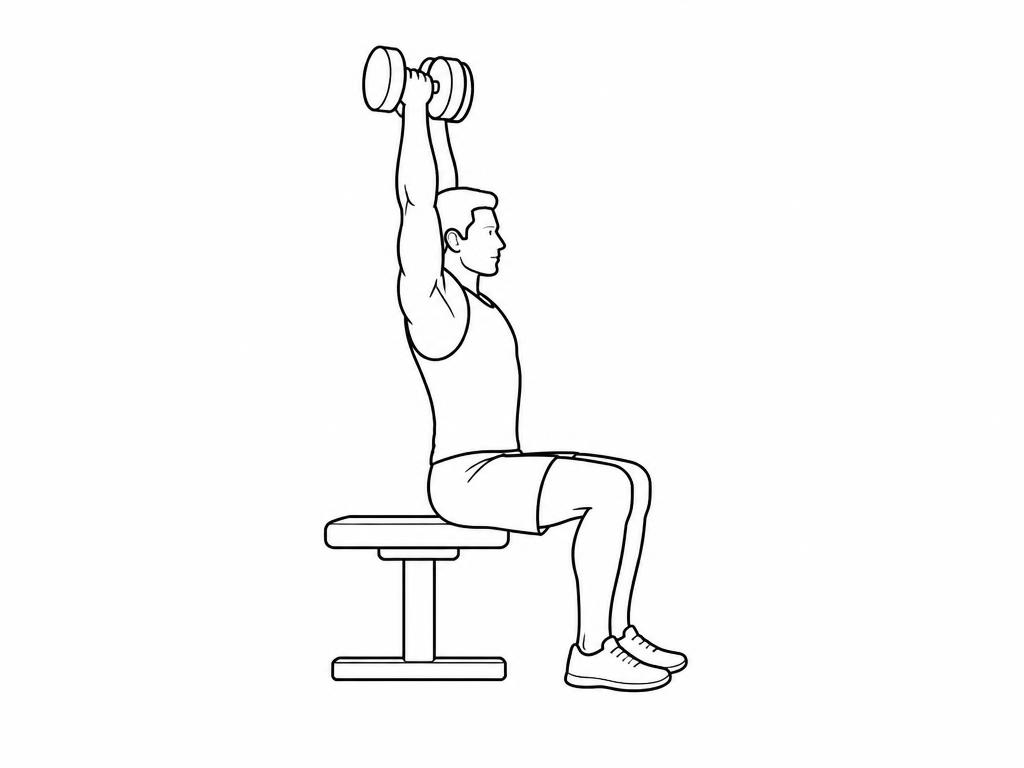 Silhouette masculine au trait assise sur un banc, poussant deux haltères au-dessus de la tête