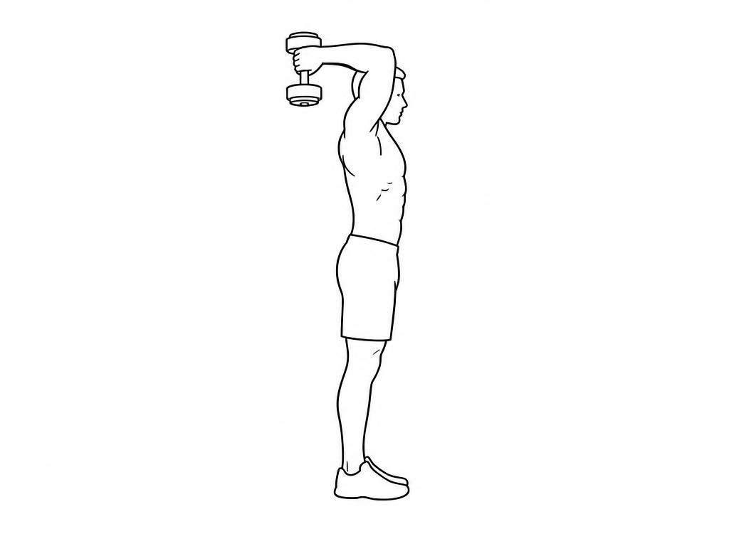 Silhouette masculine au trait debout, extension triceps au-dessus de la tête