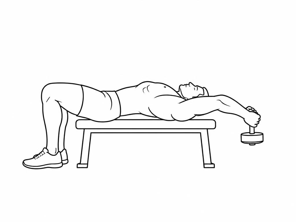 Silhouette masculine au trait allongé sur un banc, haltère derrière la tête