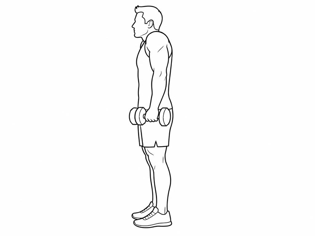 Silhouette masculine au trait debout, haussement d'épaules avec haltères