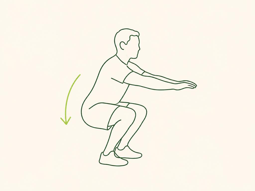 Silhouette masculine au trait en squat profond, vue de profil
