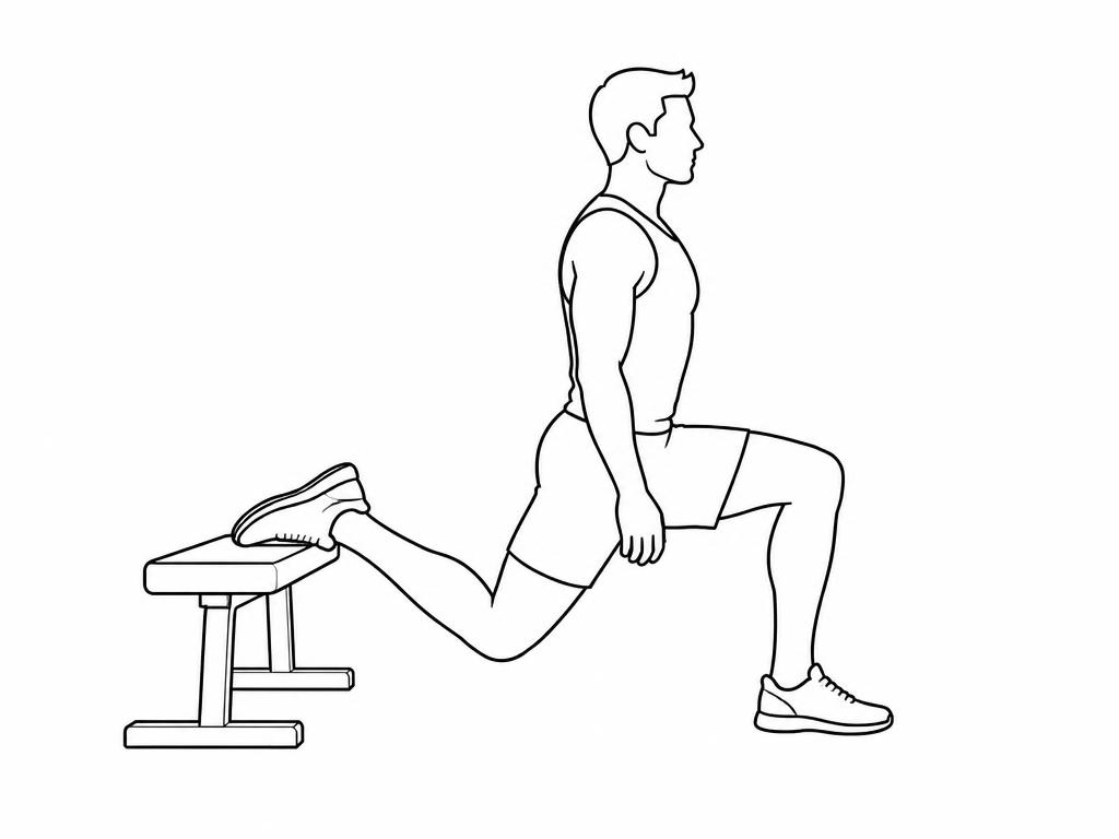 Silhouette masculine au trait en squat bulgare, pied arrière sur un banc