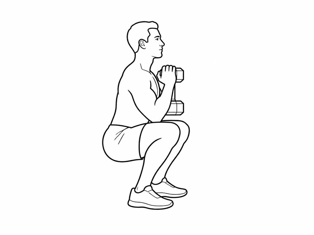 Silhouette masculine au trait en squat goblet, tenant un haltère contre la poitrine